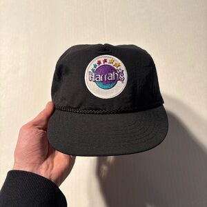 Vtg No Problem Headwear Harrahs Casino 90’s Rope Trucker Black SnapBack Hat